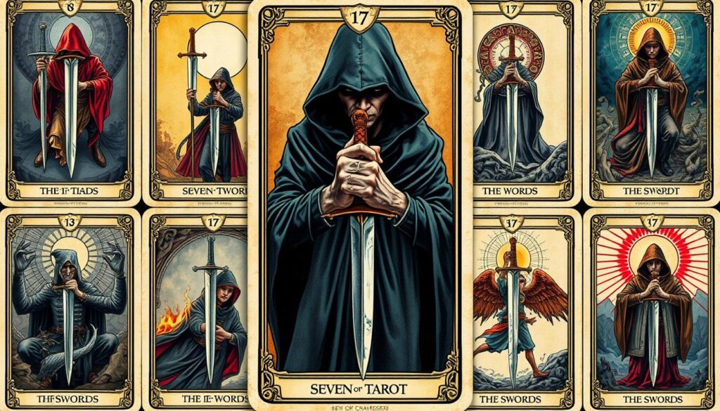 Seven of Swords tarot deck variations