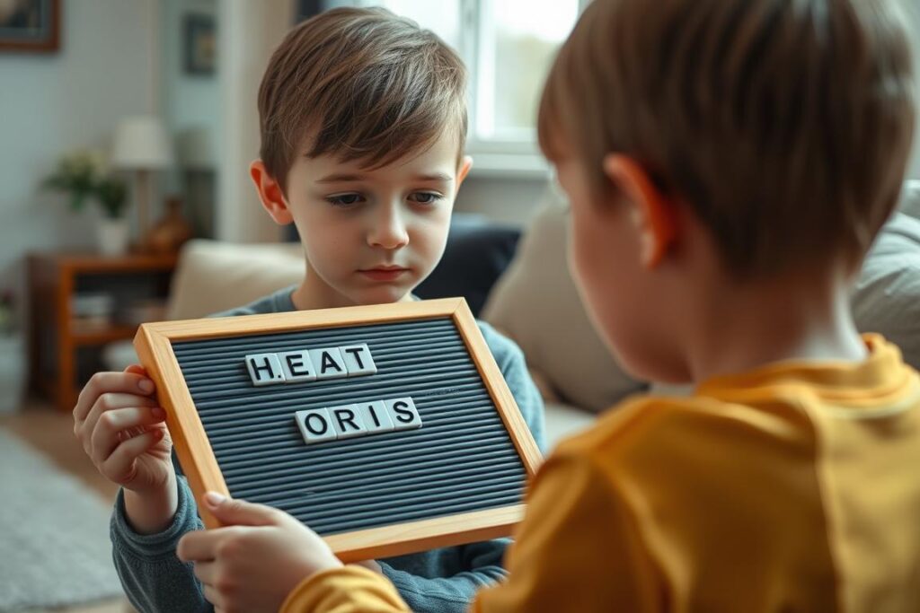 A child with autism using a letter board to communicate during telepathy testing A child with autism using a letter board to communicate during telepathy testing