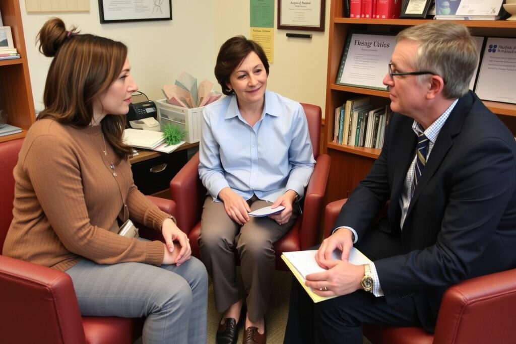 Parent and therapist discussing ethical approaches to communication with a non-verbal child Parent and therapist discussing ethical approaches to communication with a non-verbal child