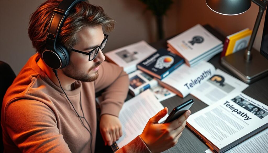 Person listening to The Telepathy Tapes podcast on headphones while researching the topic Person listening to The Telepathy Tapes podcast on headphones while researching the topic