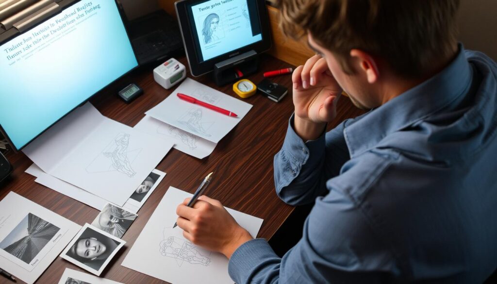 Person practicing remote viewing techniques with target images and feedback Person practicing remote viewing techniques with target images and feedback