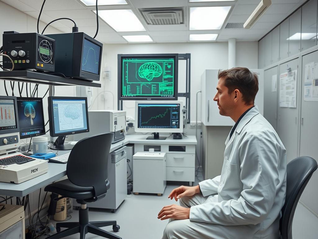 Scientific laboratory setup for testing psychic abilities with monitoring equipment Scientific laboratory setup for testing psychic abilities with monitoring equipment