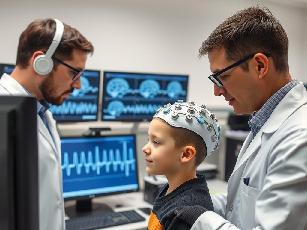 Scientists conducting EEG measurements on a participant during telepathy testing Scientists conducting EEG measurements on a participant during telepathy testing