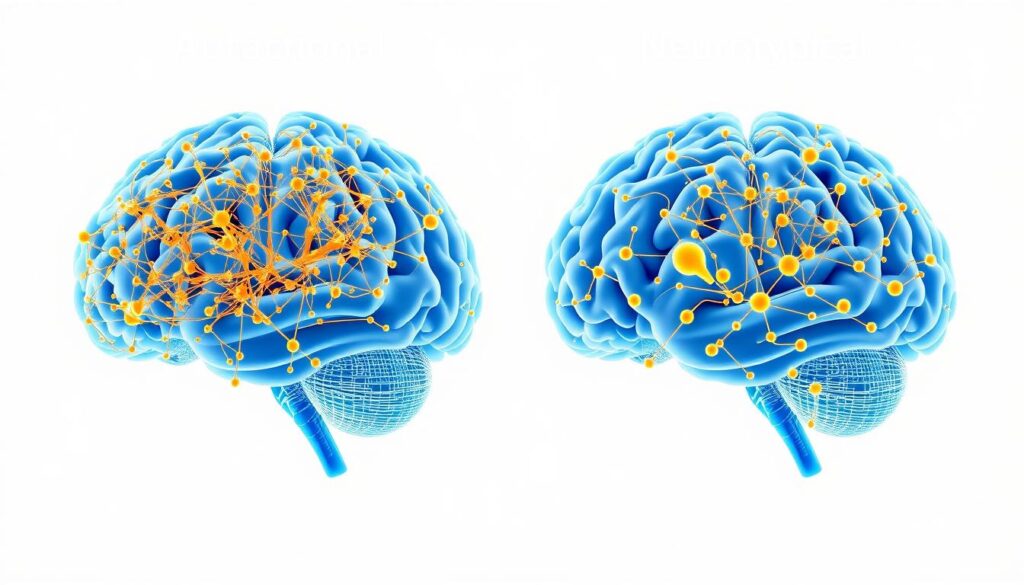Visualization of neural connections in an autistic brain compared to neurotypical brain Visualization of neural connections in an autistic brain compared to neurotypical brain