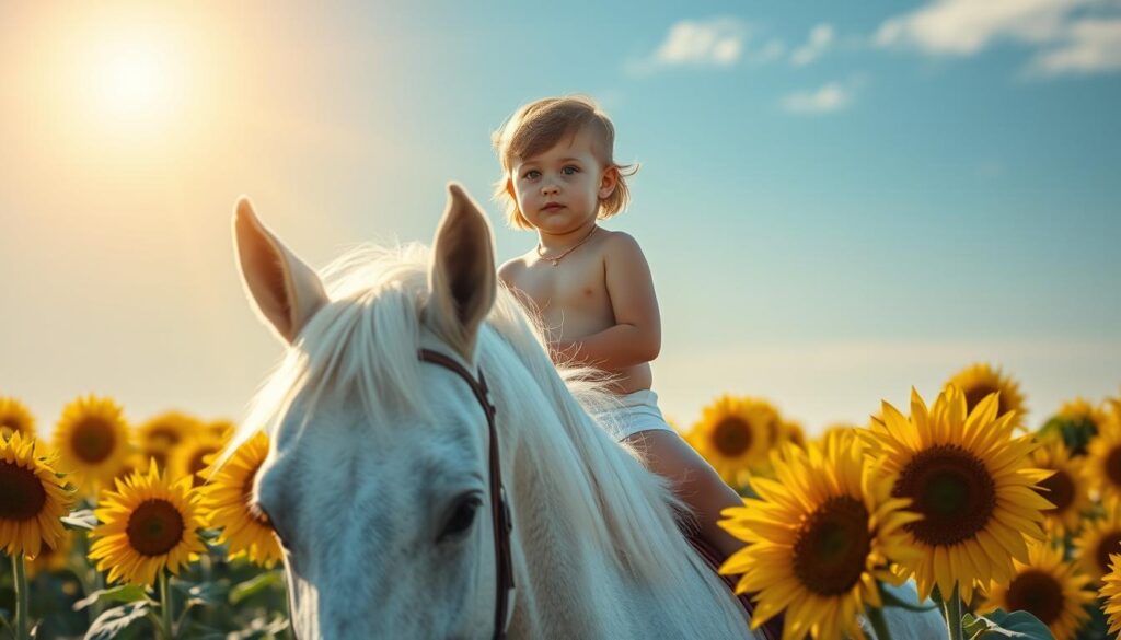child white horse sunflowers