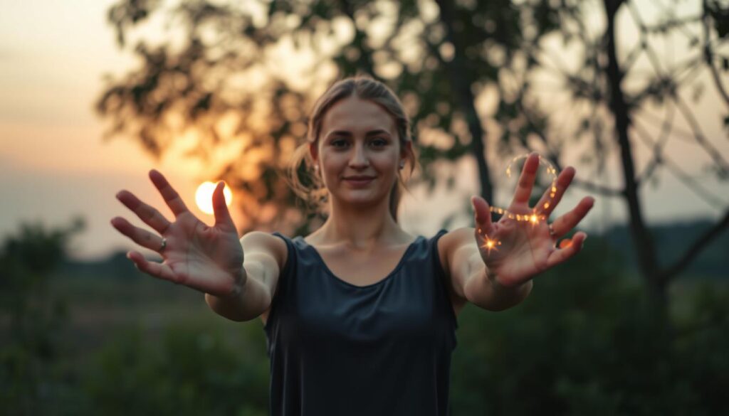 A beautiful Caucasian individual stands confidently in the foreground, hands raised as if releasing an ethereal spell. Wisps of shimmering light spiral outward from their palms, casting a warm glow. Surrounding them is a tranquil, natural setting with a soft focus on greenery, suggesting a connection with nature. In the background, a soft sunset paints the sky in hues of orange and purple, creating a serene and mystical atmosphere. The scene is illuminated by the gentle light of the setting sun, enhancing the magical quality of the spell being released. The composition is shot from a low angle to emphasize the individual’s empowerment, with a shallow depth of field that blurs the surrounding foliage, focusing attention on the act of spellcasting. The mood is one of liberation and spiritual growth, evoking a sense of wonder and peace.