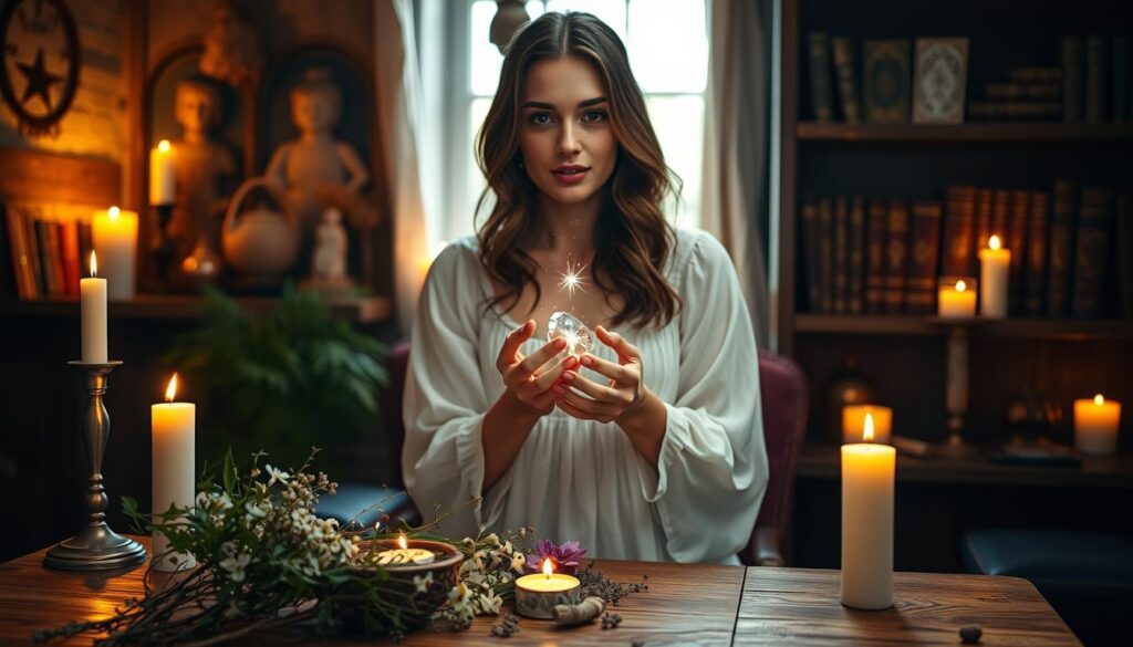 A beautiful Caucasian woman in a cozy, softly lit room, casting a love spell. She is dressed in a modest, flowing white dress, surrounded by candles emitting warm glows. In her hands, she holds a small, shimmering crystal, while the air is filled with a gentle sparkle, enhancing the enchanting atmosphere. The foreground features delicate herbs and a small bowl of fragrant flowers on a wooden table. In the background, shelves with mystical books and charms create a sense of mystery and warmth. The lighting is inviting, with soft shadows adding depth. The mood is magical and serene, capturing the essence of romance and intention in the art of spellcasting.