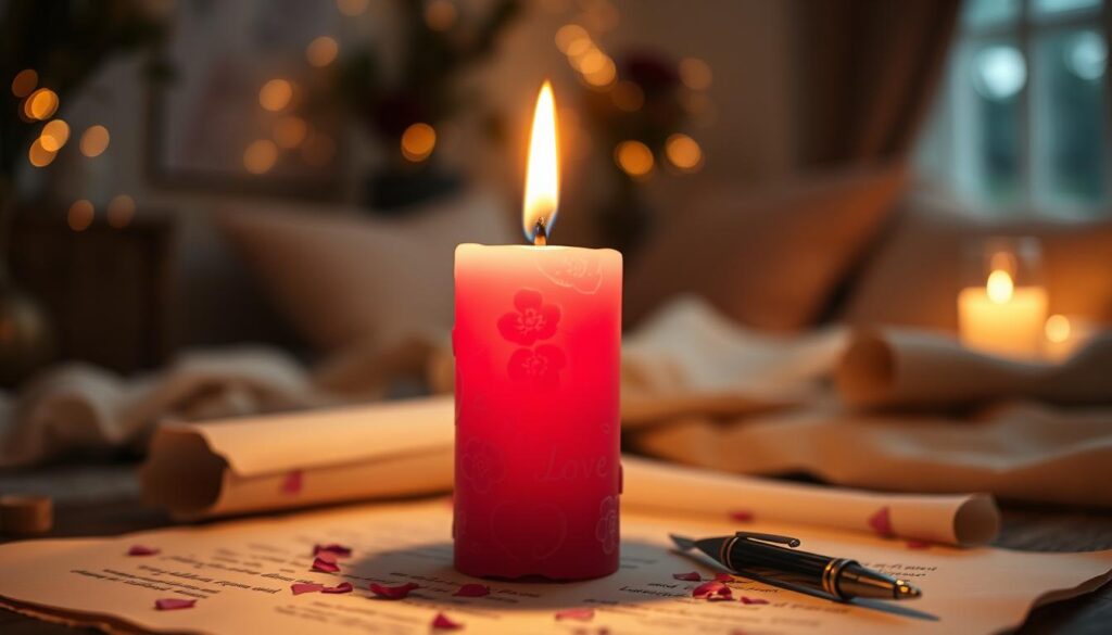 A beautiful pink candle sits elegantly at the forefront of the image, its wax glistening softly with a warm glow. The candle is adorned with delicate floral carvings, emphasizing its romantic essence, and a gentle flame flickers at the top, casting a subtle light. Surrounding the candle, a few scattered pieces of parchment paper and a quill pen are arranged, adding a touch of mystique and inviting the viewer to imagine a love spell being written. In the background, a softly blurred, cozy room with soothing ambient lighting creates an intimate atmosphere. The overall mood is serene and enchanting, evoking feelings of romance and calmness. The angle captures the candle from slightly above, showcasing its beauty while allowing the surrounding elements to complement it harmoniously.