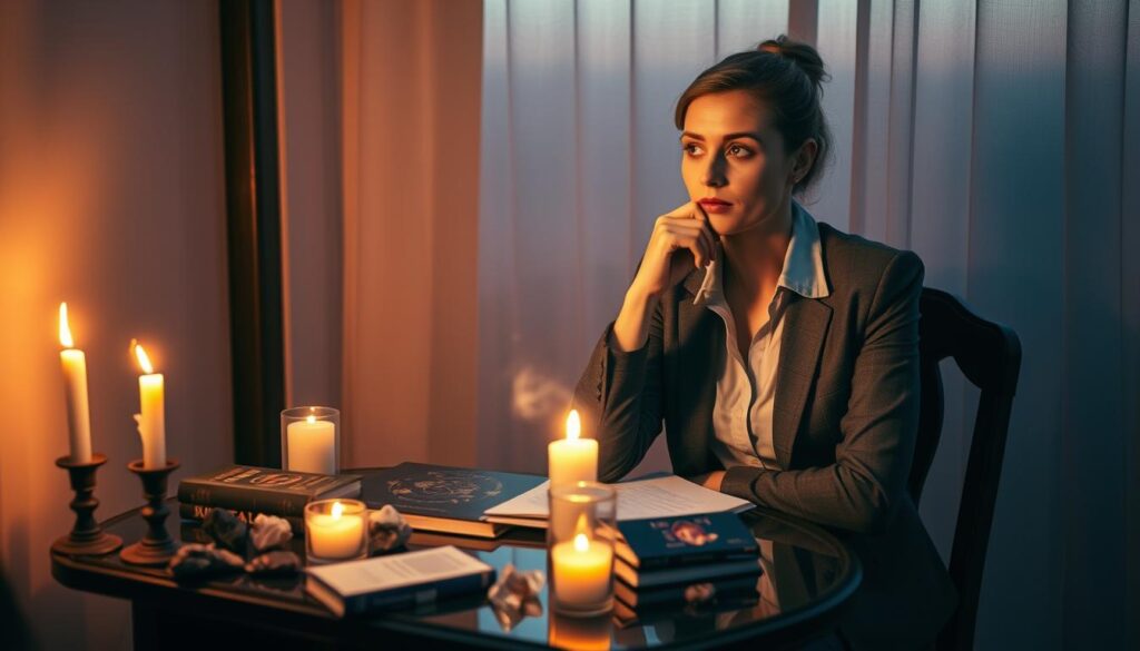 A beautiful, serene setting depicting a woman in a thoughtful pose, dressed in professional casual attire, seated at a small table cluttered with crystals, spell books, and flickering candles. Her expression reflects contemplation and caution, as she gazes at a reflective surface, symbolizing self-reflection and awareness of toxic dynamics. In the background, soft twilight hues blend with shadows, creating a moody atmosphere that hints at the dangers of love spells. Ethereal wisps of energy swirl around her, illustrating the metaphysical repercussions of casting spells inappropriately. The scene is illuminated by warm, diffused lighting that adds an inviting yet cautionary ambiance. Ensure the focus is on the woman and the table while capturing details in the background without distraction, enhancing the overall narrative of awareness and contemplation.