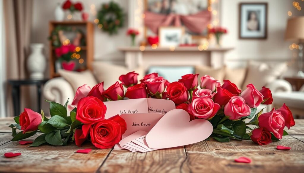 A beautifully arranged Valentine's Day scene, featuring a heart-shaped arrangement of vibrant red and pink roses in the foreground. In the middle, a tasteful assortment of Valentine's Day cards, some open to reveal handwritten messages of love, are displayed on a rustic wooden table. Soft, natural lighting filters in from the left, casting gentle shadows that enhance the romantic atmosphere. The background softly blurs to reveal a cozy, elegantly decorated living space with fairy lights twinkling, reinforcing the warm and inviting mood. The focus is on the themes of love and care associated with Valentine’s Day, making it perfect for an educational context about spelling and usage. The composition should be engaging and visually appealing, capturing the essence of the holiday while maintaining a professional touch.