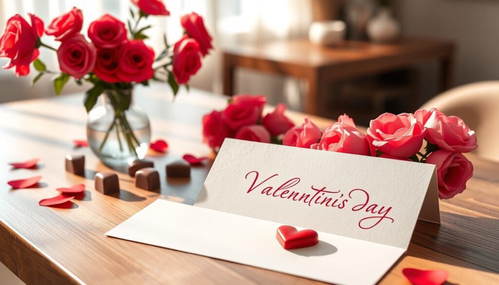 A beautifully arranged Valentine's Day scene featuring a stylish wooden table set with heart-shaped chocolates, pink roses, and elegant stationery with the correct spelling of "Valentine's Day". In the foreground, a heartfelt romantic card is propped open, revealing a handwritten love note. The middle ground showcases a tasteful vase filled with vibrant red and pink flowers, adding warmth. Soft, dappled sunlight streams in from a nearby window, creating a cozy atmosphere with gentle shadows. The background features a subtle table set against a blurred, romantic setting of a neatly decorated room. The overall mood is cheerful and inviting, perfect for celebrating love while highlighting the importance of proper spelling and punctuation.