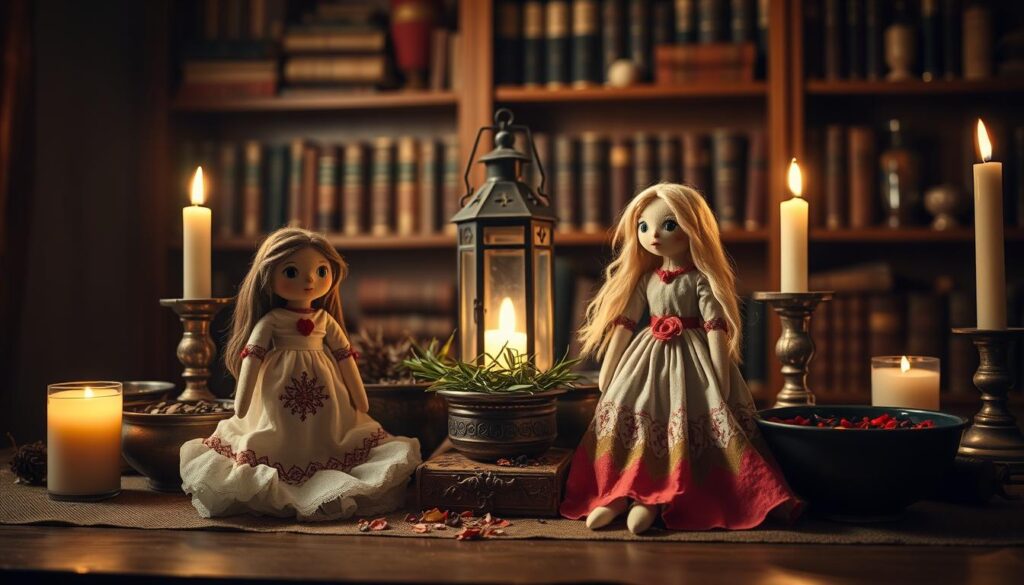 A beautifully arranged altar featuring poppet dolls surrounded by candles and herbs symbolizes poppet work connection. In the foreground, two intricately designed poppets, one representing love and the other longing, are placed side by side, dressed in delicate fabrics and adorned with embroidery. The middle ground captures a softly glowing lantern and bowls of colorful herbs. The background depicts a dimly lit room with wooden shelves filled with mystical books and various spell ingredients. Soft candlelight creates a warm, enchanting ambiance, casting gentle shadows. Capture this scene using a shallow depth of field to focus on the poppets, ensuring the light highlights the textures and colors. The overall mood should evoke a sense of intimacy and mysticism, ideal for a magical atmosphere.