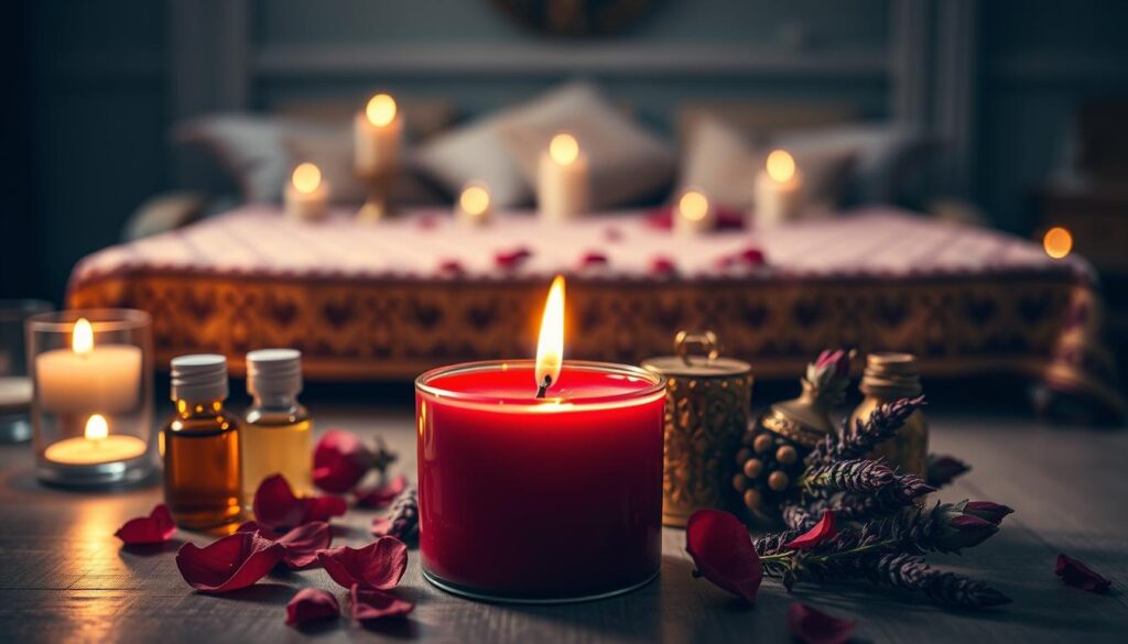 A beautifully arranged anointing candle prominently placed in the foreground, elegantly adorned with golden embellishments and surrounded by small vials of colorful oils and fresh herbs such as rose petals and lavender. The candle wax is rich deep red, symbolizing love and passion. Soft, warm lighting creates a serene and inviting atmosphere, with gentle shadows enhancing the textures of the candle and surrounding elements. In the middle ground, a wooden altar covered with an intricate cloth adds depth, while subtle hints of a softly lit room in the background promote a mystical ambiance. A close-up, shallow depth of field captures the intimate essence of the ritual, inviting viewers to explore the practice of love spells with candles.
