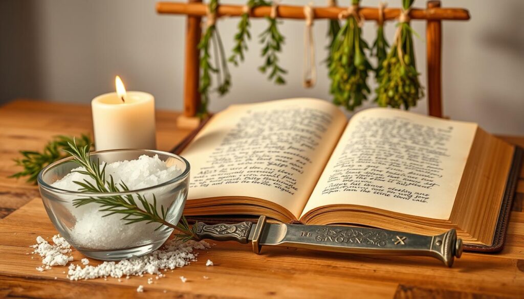 A beautifully arranged assortment of tools and ingredients for a spell-removal ritual, set on a wooden table. In the foreground, a delicate glass bowl filled with sea salt rests beside a sprig of fresh rosemary and a lit white candle. A charming antique dagger lies partially within the scene, hinting at its use in the process. In the middle ground, an open book of spells with parchment pages reveals handwritten notes about protection and cleansing methods. The background features softly blurred herbal bundles hanging from a small wooden beam, creating a warm, inviting atmosphere. The soft, golden lighting enhances the peaceful ambiance, casting gentle shadows. The image should evoke a sense of calm and focus, perfect for a mystical practice setting.