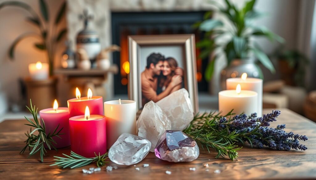 A beautifully arranged beginner toolkit for love, set on a wooden table. In the foreground, a cluster of colorful candles in various shapes, glowing softly, alongside fresh herbs like rosemary and lavender scattered artistically. A couple of polished crystals glimmer, reflecting the candlelight, including rose quartz and amethyst. In the middle, a nostalgic photo of a couple in a serene moment, framed elegantly. The background features soft-focus, dreamy plants and a lit fireplace, creating a warm, inviting glow in the ambience. The image captures a tangible feeling of warmth, love, and magical potential. Soft, natural lighting enhances the beauty of the objects, while a shallow depth of field emphasizes the toolkit's intimate details.