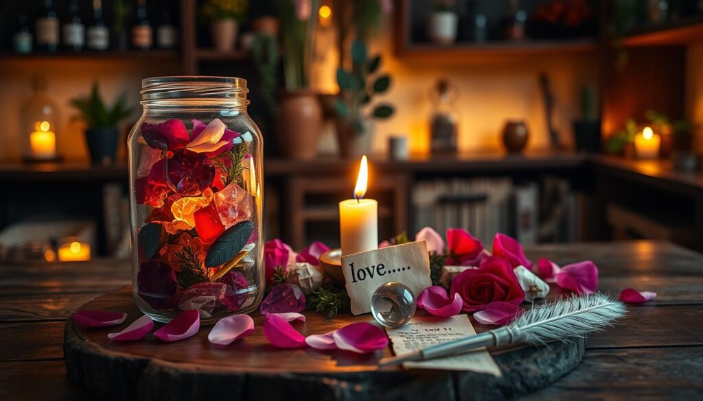A beautifully arranged candle altar jar filled with vibrant colored crystals and herbs, symbolizing love and attraction. The foreground features a softly glowing candle, flickering warmly, placed at the center of the jar. Surrounding the candle, delicate rose petals and tiny pieces of parchment inscribed with loving intentions. In the middle, the altar is set on a rustic wooden table, with a few magical tools like a small crystal orb and a feather quill nearby, hinting at ongoing rituals. The background has softly blurred elements of a cozy, mystical room with shelves of potion bottles and plants gently lit by warm, ambient lighting, creating an intimate and inviting atmosphere. The image captures a serene and enchanting vibe, perfect for a love spell context.