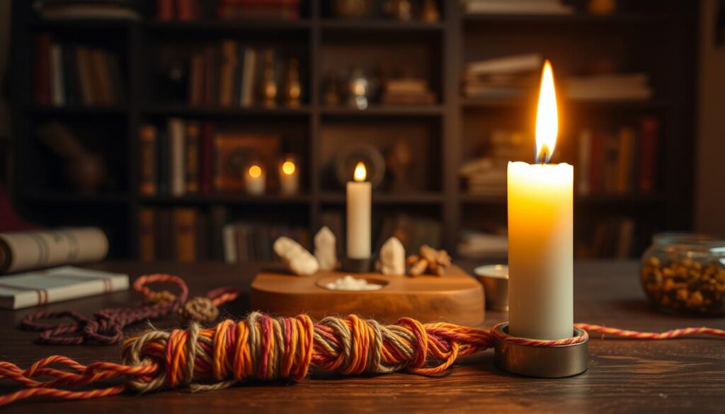 A beautifully arranged candle-and-thread binding ritual scene. In the foreground, a single candle flickers softly, casting warm, golden light. Next to it, delicate threads of colorful twine twist together in intricate patterns, symbolizing connection and unity. In the middle ground, a small wooden altar is adorned with crystals and herbs, enhancing the mystical atmosphere. The background features a darkened room, with softly blurred shelves filled with occult books and trinkets, creating a sense of intimacy and focus on the binding ritual. The lighting is warm and inviting, illuminating the objects in a magical glow. The overall mood is serene, illustrating a traditional ritual that embodies love and connection, ideal for a spell-casting context.