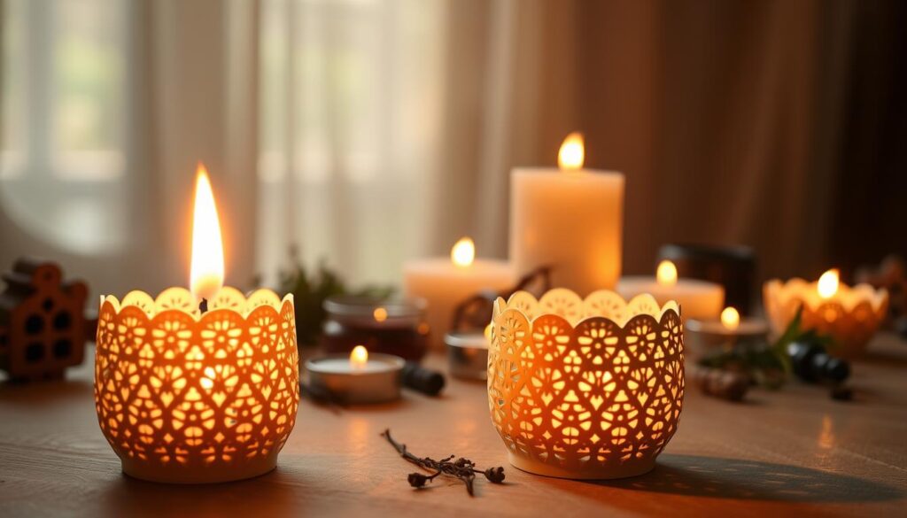 A beautifully arranged candle setting featuring an elegant, glowing flame at the center. In the foreground, a close-up of a delicate white candle holder adorned with intricate patterns, casting warm light that dances across the surface. The middle ground displays several other candles of varying sizes, each flickering softly, creating an inviting ambiance. In the background, there are shadows of herbs and crystals, hinting at elements of magical practice. Soft, golden light floods the scene from an unseen source, giving it a mystical, serene atmosphere. The overall mood is one of calmness and introspection, perfect for enhancing one's spiritual journey. The composition is captured with a shallow depth of field, emphasizing the flame and its warmth.