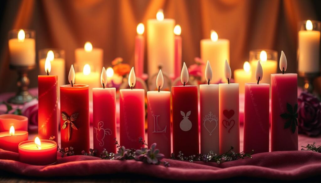 A beautifully arranged collection of colorful candles representing different correspondences for love spells. In the foreground, a variety of candles in shades of red, pink, and white, each intricately shaped and decorated with symbols or herbs that symbolize love and attraction. The middle ground features a whimsical altar setup with soft velvet cloth, adorned with delicate flowers and sparkling crystals, enhancing the magical feel. In the background, gentle candlelight flickers, creating a warm, inviting glow that casts soft shadows throughout the scene. The lighting is warm and soft, reminiscent of twilight, evoking a romantic and mystical atmosphere. A close-up perspective highlights the details of the candles, with a shallow depth of field drawing focus to their vibrant colors and textures.