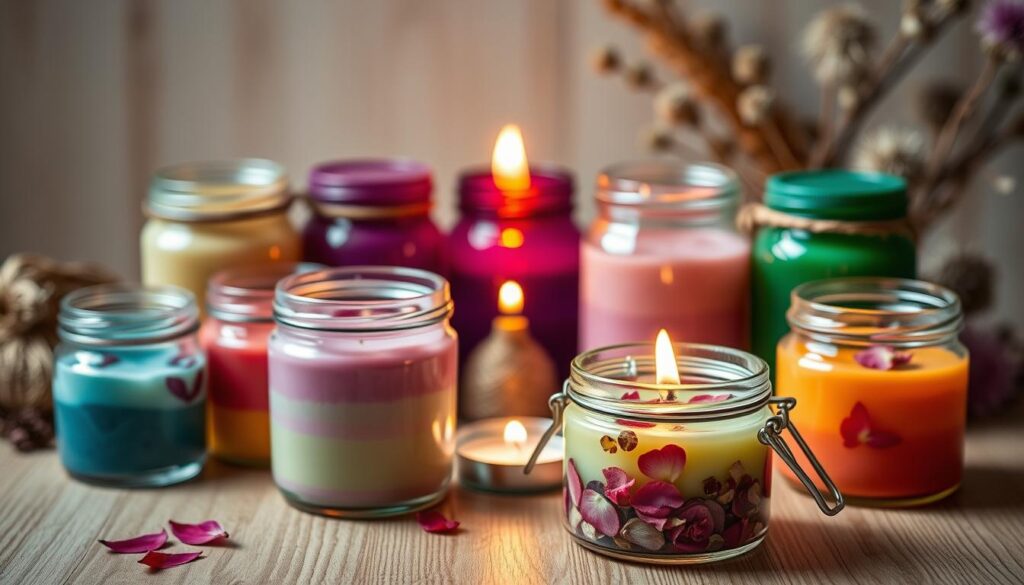 A beautifully arranged collection of essential jars filled with vibrant candle wax in various colors and textures, set against a soft, natural wood table. In the foreground, a few jars are open, showcasing the intricately layered wax, with delicate petals and herbs embedded inside, reflecting their love correspondences. The middle ground features a lit candle casting a warm, inviting glow, creating a serene atmosphere that exudes a sense of calm and romance. In the background, blurred hints of botanical elements like dried flowers or herbal bundles add a touch of nature. The lighting is soft and diffused, suggesting late afternoon light, with a shallow depth of field to bring focus to the jars. The overall mood is enchanting and mystical, perfect for the love spell theme.