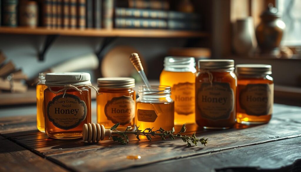 A beautifully arranged collection of honey jars rests on a rustic wooden table, each jar filled with golden honey that glimmers warmly under soft, diffused sunlight. In the foreground, detailed, handcrafted jars with intricate labels show variations in size and shape, showcasing the essence of artisanal craftsmanship. The middle ground features delicate honey drizzlers and sprigs of fresh herbs, adding an element of nature. In the background, hints of a cozy, inviting kitchen with blurred shelves hold ancient tomes on herbal magic, deepening the sense of tradition and ritual. The warm lighting creates an atmosphere of comfort and abundance, evoking a sense of sweetness and enchantment. The overall image conveys a mystical yet inviting tone, perfect for exploring themes of manifestation and sweetening magic.