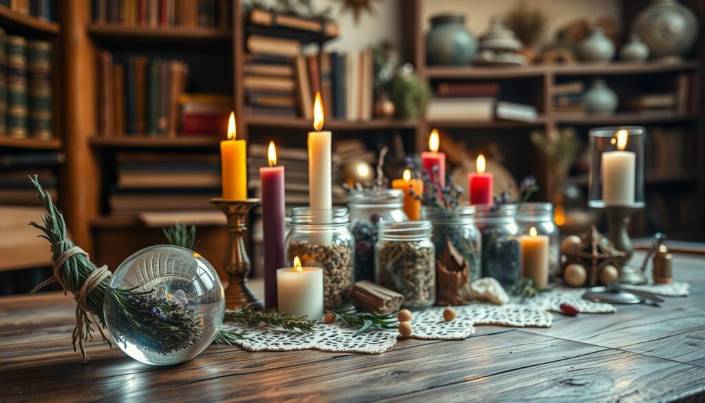 A beautifully arranged collection of mystical supplies on a rustic wooden table. In the foreground, a polished crystal ball glimmers beside an elegantly tied bundle of herbs, with sage and lavender spilling out gracefully. Next, a variety of colorful candles in different heights flicker softly, casting a warm golden hue. In the middle, artisanal jars filled with dried flowers and crystals are carefully organized, surrounded by a delicate lace cloth. In the background, gently blurred shelves lined with ancient books and nature-inspired decor create an inviting atmosphere. The warm, inviting lighting suggests a serene and spiritual ambiance, perfect for engaging with the tools of casting a binding spell. The image captures a sense of peace and focus, ideal for guiding spiritual growth.