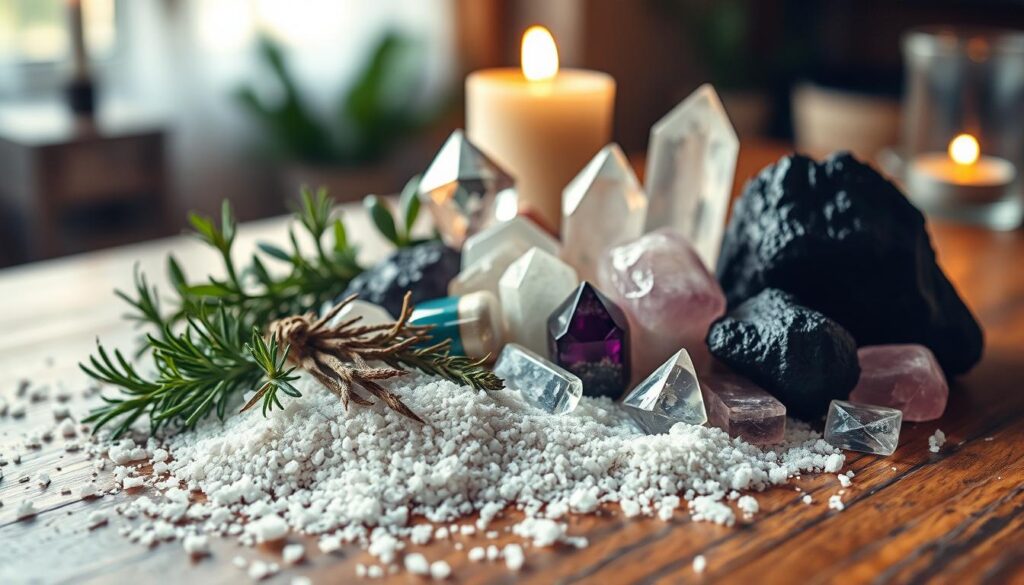 A beautifully arranged collection of salt, herbs, and crystals displayed on a wooden table. In the foreground, coarse sea salt is sprinkled artfully, next to vibrant green and dried herbs like rosemary and sage, exuding an earthy aroma. In the middle, various colorful crystals such as amethyst, clear quartz, and black tourmaline are artistically placed, reflecting light and casting soft shadows. The background is softly blurred, hinting at a cozy candlelit setting that enhances the magical atmosphere, with flickering candle flames gently illuminating the scene. The lighting is warm and inviting, capturing the essence of protection rituals. The overall mood is serene and mystical, perfect for a beginner’s exploration into protective magic.