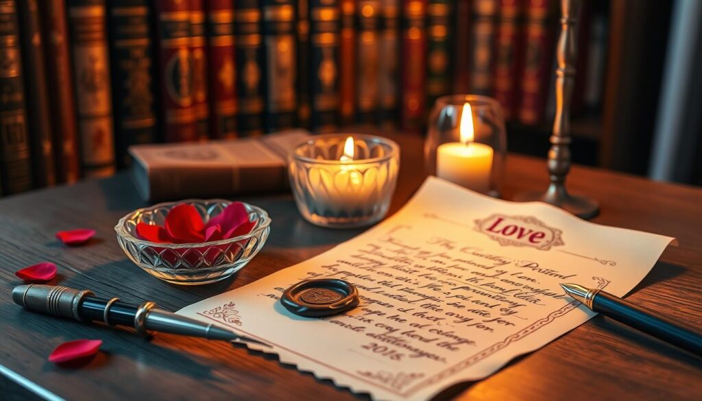 A beautifully arranged desk scene embodying the concept of an "intention petition." In the foreground, place an elegantly handwritten letter on high-quality parchment paper, adorned with intricate floral designs and a wax seal, symbolizing clarity and commitment. Beside it, a lit candle casts a warm, golden glow, amplifying the sense of focus and intention. In the middle ground, a small crystal bowl filled with rose petals signifies love, and a quill pen lies ready for use, emphasizing creativity and expression. In the background, softly blurred, a bookshelf lined with spiritual and magical texts creates a cozy and inviting atmosphere. The overall lighting is soft and warm, evoking feelings of hope and tranquility, while the focus is sharp on the petition elements, inviting viewers to engage with the process of setting intentions for love.