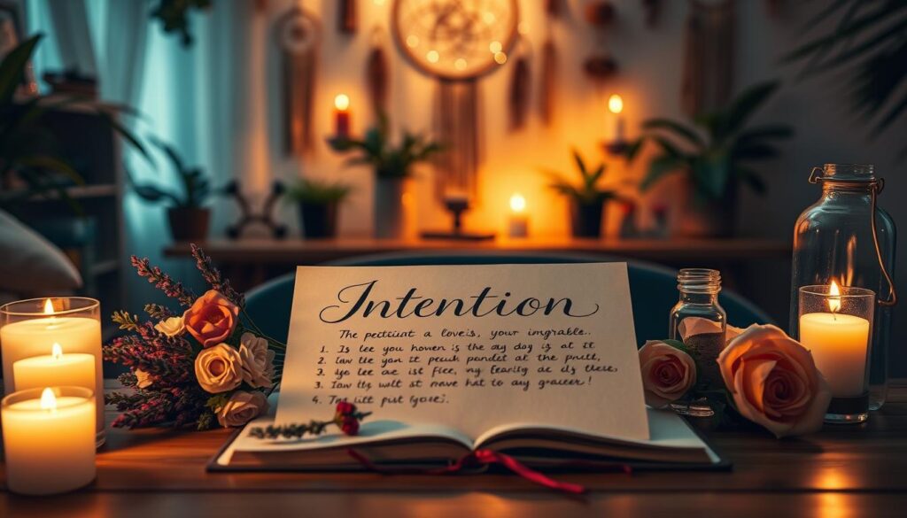 A beautifully arranged desk scene featuring an intention petition paper, elegantly handwritten with swirling calligraphy, centered in the foreground. The paper is illustrated with soft, glowing candlelight casting warm shadows, evoking a serene and magical atmosphere. Surrounding the paper are fresh flowers, such as lavender and roses, symbolizing love and intention. In the middle ground, a crystal vial filled with shimmering liquid sits alongside an open notebook filled with mystical symbols. The background features a softly blurred view of a cozy, dimly lit room adorned with mystical decor, such as dream catchers and plants, contributing to a tranquil and inviting vibe. The lighting is warm and ethereal, captured with a shallow depth of field, creating an enchanting, otherworldly quality that beckons the viewer to explore the depths of their desires.