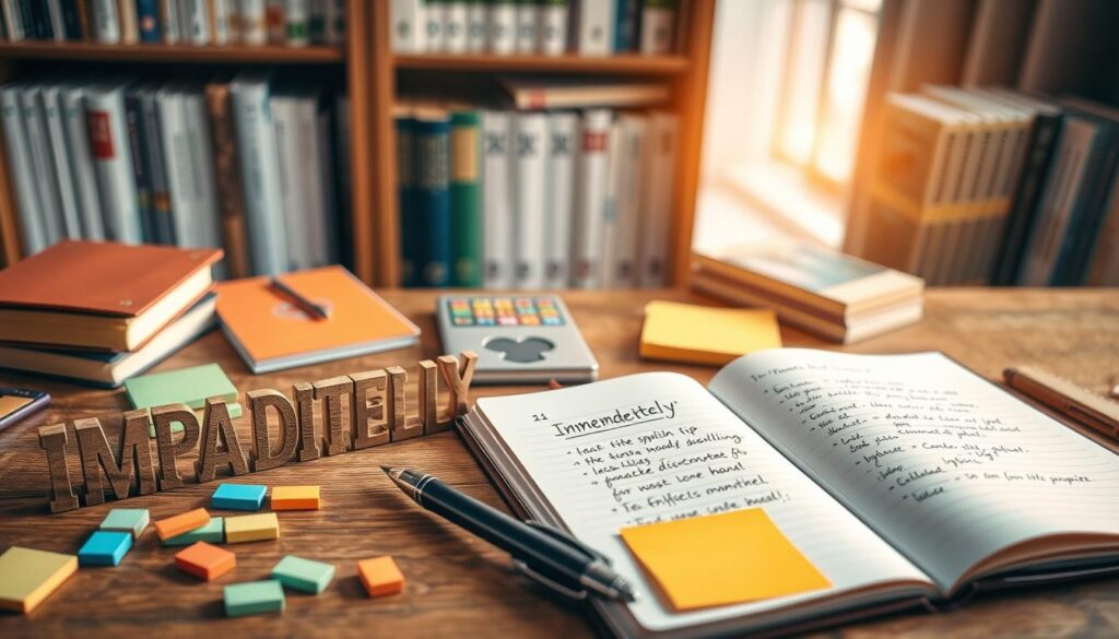 A beautifully arranged desk scene with a focus on the process of spelling. In the foreground, elegantly crafted wooden letters spelling "IMMEDIATELY" are scattered alongside colorful sticky notes and a sleek pen. The middle ground features an open notebook with neatly written spelling tips in crisp handwriting, illuminated by warm, natural light from a nearby window. In the background, a soft blurred bookshelf filled with educational materials and English language books adds depth. The atmosphere is calm and inviting, evoking a sense of focus and motivation. The image is captured from a top-down angle to emphasize the organized chaos of learning. The lighting is bright yet soft, highlighting the vibrant colors of the materials.