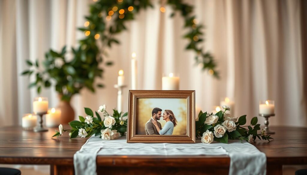 A beautifully arranged display of a high-quality photograph depicting a romantic couple, set against a serene and softly lit background. The foreground features an elegant wooden table with a pristine white cloth, on which rests the framed picture of the couple, radiating warmth and love. In the middle ground, delicate candles cast a gentle glow, enhancing the mood of intimacy and connection. Lush greenery and soft pastel flowers adorn the scene, adding a touch of nature’s beauty. The background is softly blurred to focus on the photo and setting, with gentle bokeh effects created by warm, ambient lighting. The overall atmosphere is inviting and serene, capturing the essence of love spells and their connection to personal photographs.