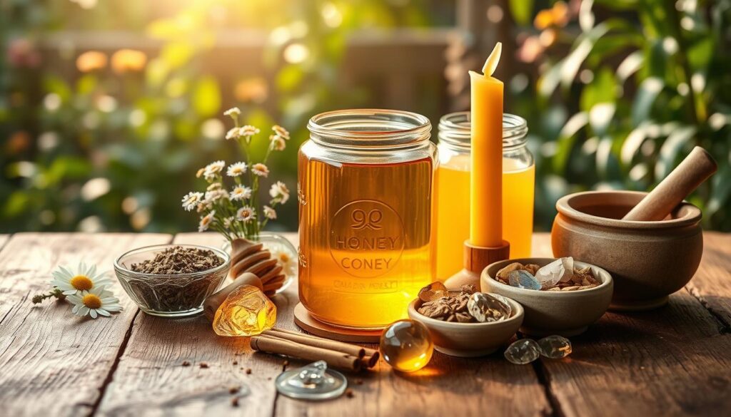 A beautifully arranged display of ingredients for a honey jar spell, featuring a rustic wooden table as the foreground. In the center, a clear glass jar filled with golden honey, surrounded by small bowls containing herbs like chamomile and cinnamon, alongside crystals such as citrine and clear quartz, reflecting abundance. A beeswax candle stands tall beside the jar, casting a warm, soft glow. The middle layer captures delicate wildflowers and a small mortar and pestle, accentuating the magical theme. In the background, a softly blurred garden scene with sunlight filtering through leaves, enhancing an inviting and peaceful atmosphere. The image is illuminated with gentle, natural lighting, enhancing the colors and details of the ingredients, creating a serene and enchanting vibe.