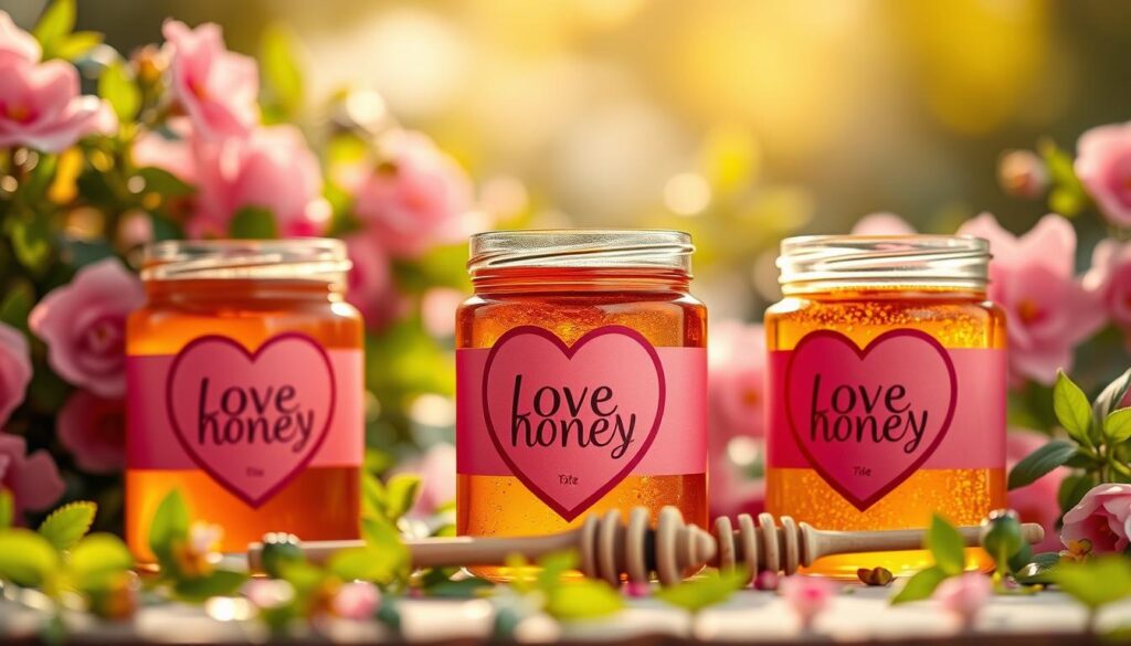 A beautifully arranged display of love honey jars in an enchanting setting. In the foreground, three jars of vibrant honey, adorned with pink and red heart-shaped labels, glittering with a golden hue. Each jar has a delicate wooden dipper resting beside it. The middle ground features lush green foliage and soft pink flowers, creating a romantic and inviting atmosphere. The background is softly blurred, hinting at a dreamy garden with a warm, golden light filtering through, enhancing the overall charm. The mood is serene and uplifting, evoking feelings of love and abundance. The lighting should be soft and warm, ideal for a close-up shot, focusing on the intricate details of the jars.