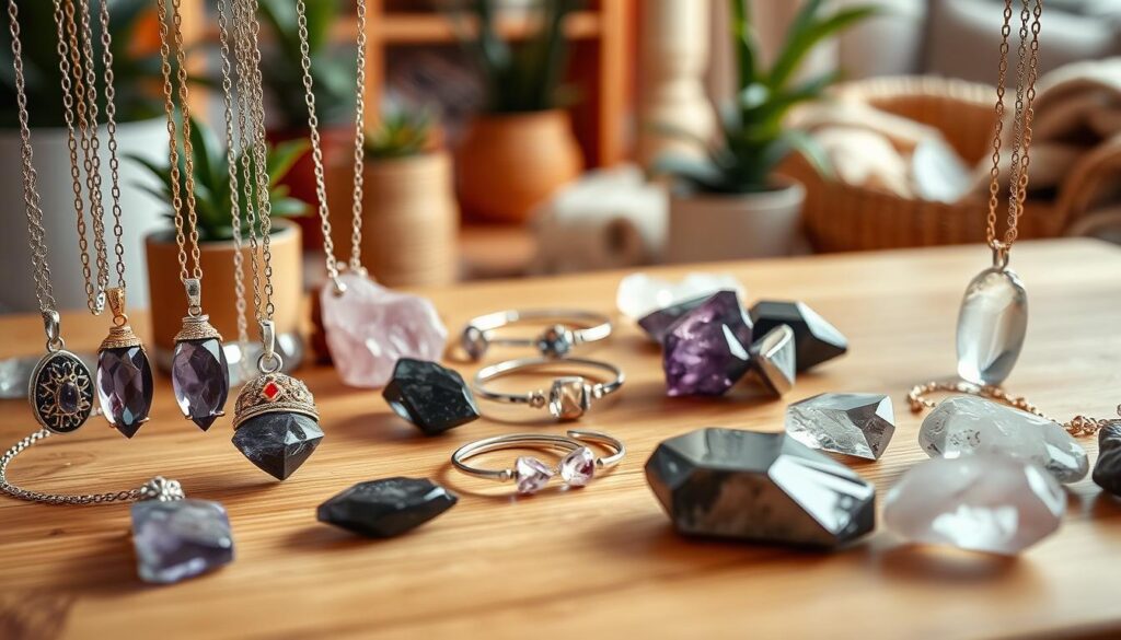 A beautifully arranged display of protection crystal jewelry on a natural wooden table. The foreground features an array of intricately designed necklaces adorned with amethyst, black tourmaline, and rose quartz, each glimmering under soft, warm lighting. The middle section reveals delicate bracelets and earrings that reflect a sense of harmony and balance. In the background, there are subtle hints of a cozy, clean space filled with plants and soft textiles, enhancing the serene atmosphere. The lens captures a slight bokeh effect, drawing attention to the crystals while maintaining the tranquil ambiance. The image conveys a mood of peaceful grounding and spiritual protection, inviting the viewer to explore the nurturing qualities of these beautiful accessories.