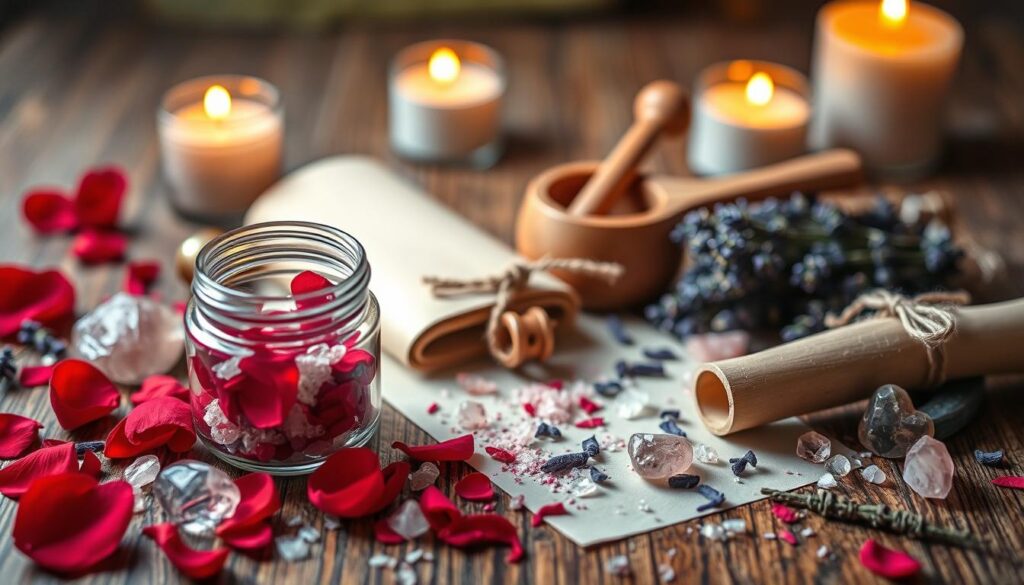 A beautifully arranged flat lay featuring various ingredients and tools for a love spell jar. In the foreground, place a small glass jar filled with vibrant red rose petals, pink sea salt, and dried lavender, each ingredient distinct and appealing. Include shiny crystals like rose quartz and pieces of heart-shaped amethyst scattered around. In the middle, display elegant wooden tools, such as a spoon and small mortar, alongside neatly rolled parchment tied with twine. In the background, create a softly blurred atmosphere with subtle hints of candlelight illuminating the scene. Utilize warm, inviting lighting to enhance the magical feel, emphasizing the enchantment of the ingredients. Capture the image from a slightly elevated angle to showcase all elements harmoniously.