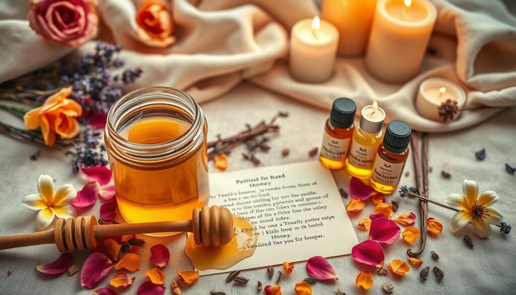 A beautifully arranged flat lay of a honey jar surrounded by magical ingredients for a love spell. In the foreground, the jar is filled with golden honey, with a wooden honey dipper beside it. Scattered around the jar are vibrant herbs like dried rose petals, lavender, and vanilla beans, evoking a feeling of romance. In the middle layer, a carefully folded piece of petition paper lies next to small vials of essential oils, such as jasmine and sandalwood, with delicate labels. The background features a soft, blurred arrangement of natural elements like soft fabrics and candles, softly illuminated by warm, golden lighting that creates an inviting and mystical atmosphere. The overall mood is enchanting and alluring, ideal for attracting love, with a focus on harmony and sweetness.