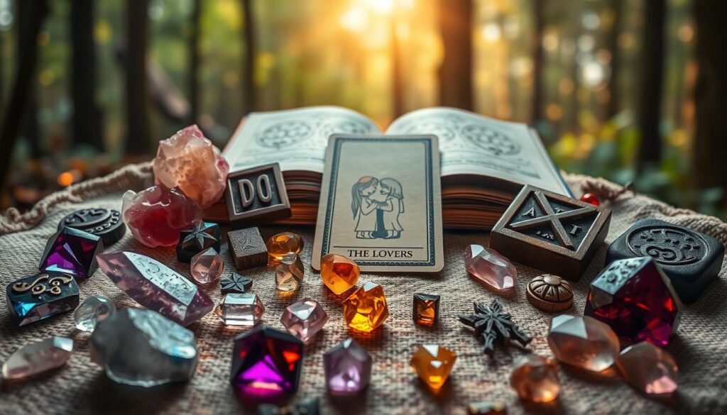 A beautifully arranged flat lay of a mystical scene featuring an array of vibrant crystals scattered around intricately carved wooden runes, with a tarot deck spread open. In the foreground, the crystals—amethyst, rose quartz, and citrine—gleam in soft, warm lighting, casting colorful reflections. The runes, with their ancient symbols, lie on a natural earthy fabric. In the middle ground, a tarot card displaying The Lovers is prominently featured, illuminated by a diffused light to enhance its details. The background showcases a softly blurred, enchanted forest setting, creating a magical atmosphere. The overall mood is serene and inviting, designed to draw the viewer into a world of mystical exploration.