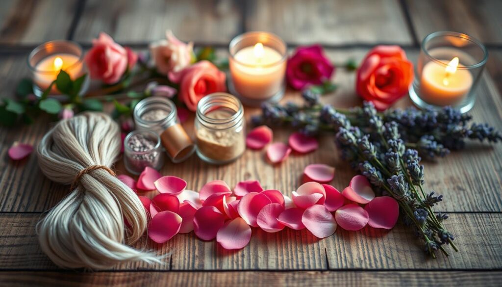 A beautifully arranged flat lay of essential materials and ingredients for a love spell, prominently featuring soft strands of hair, delicate flowers, and vibrant herbs. The foreground includes a neatly tied bundle of hair alongside small glass jars filled with shimmering powders, all set on a wooden surface with elegant texture. In the middle, fresh petals of roses and lavender create a colorful border, enhancing the mood of romance and enchantment. The background features softly blurred candlelight, casting a warm, gentle glow to evoke a magical atmosphere. The lighting is soft and inviting, with a focus on a natural, intimate ambiance. The composition captures a sense of mystery and allure, ideal for a mystical love spell preparation. A beautifully arranged flat lay of essential materials and ingredients for a love spell, prominently featuring soft strands of hair, delicate flowers, and vibrant herbs. The foreground includes a neatly tied bundle of hair alongside small glass jars filled with shimmering powders, all set on a wooden surface with elegant texture. In the middle, fresh petals of roses and lavender create a colorful border, enhancing the mood of romance and enchantment. The background features softly blurred candlelight, casting a warm, gentle glow to evoke a magical atmosphere. The lighting is soft and inviting, with a focus on a natural, intimate ambiance. The composition captures a sense of mystery and allure, ideal for a mystical love spell preparation.