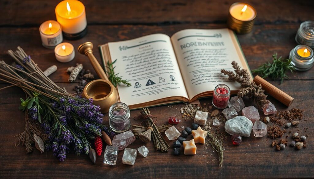 A beautifully arranged flat lay of various mystical materials and ingredients on a rich, textured dark wood table. In the foreground, vibrant bundles of dried herbs such as lavender, rosemary, and sage sit next to small glass jars filled with colorful crystals like rose quartz and amethyst. A vintage brass mortar and pestle add an artisanal touch. In the middle ground, an open spell book displays elegant script and illustrations of love symbols. Soft, warm candlelight flickers in the background, creating a cozy, enchanting atmosphere, with shadows dancing lightly over the scene. The lighting is soft and golden, highlighting the textures of the herbs and the shimmering crystals, evoking a sense of magic and intention. A beautifully arranged flat lay of various mystical materials and ingredients on a rich, textured dark wood table. In the foreground, vibrant bundles of dried herbs such as lavender, rosemary, and sage sit next to small glass jars filled with colorful crystals like rose quartz and amethyst. A vintage brass mortar and pestle add an artisanal touch. In the middle ground, an open spell book displays elegant script and illustrations of love symbols. Soft, warm candlelight flickers in the background, creating a cozy, enchanting atmosphere, with shadows dancing lightly over the scene. The lighting is soft and golden, highlighting the textures of the herbs and the shimmering crystals, evoking a sense of magic and intention.