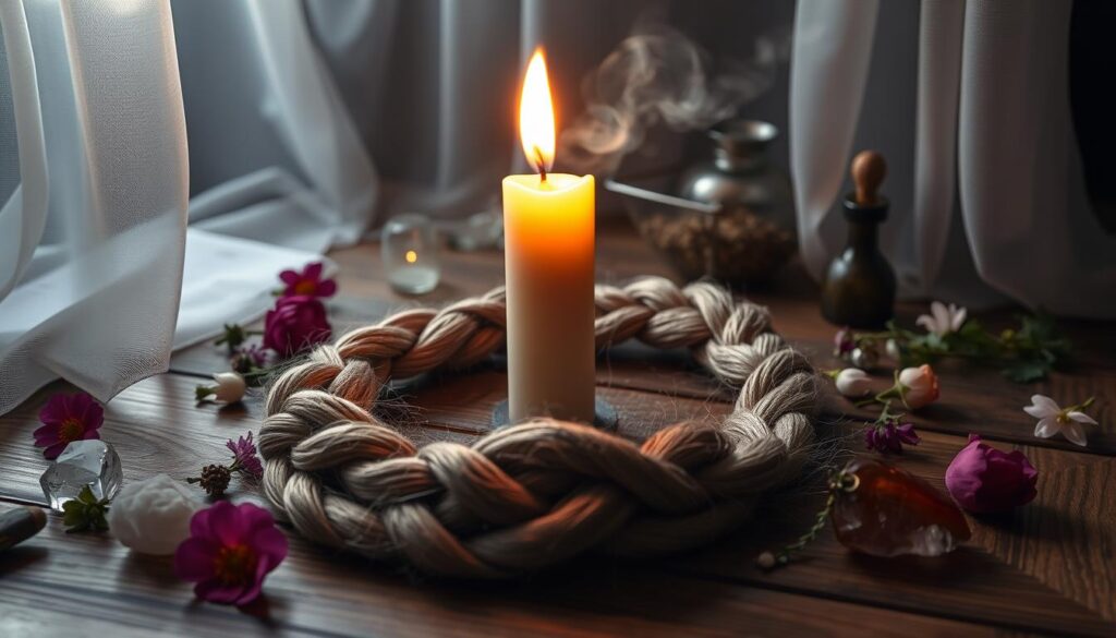 A beautifully arranged hair braid candle spell is set on a mystical wooden altar, surrounded by delicate crystals and vibrant flowers. In the foreground, a lit candle, shaped like a twined braid, casts a warm, flickering glow, illuminating the intricately braided strands of hair that form a circle around it. Soft, ethereal light filters through nearby sheer curtains, creating a serene and enchanting atmosphere. In the background, faint silhouettes of herbs and spell materials add depth to the scene, while a gentle mist swirls, hinting at the magical energy in the air. The overall mood is one of calm introspection and romantic allure, inviting the viewer to explore the mysteries of attraction and love.