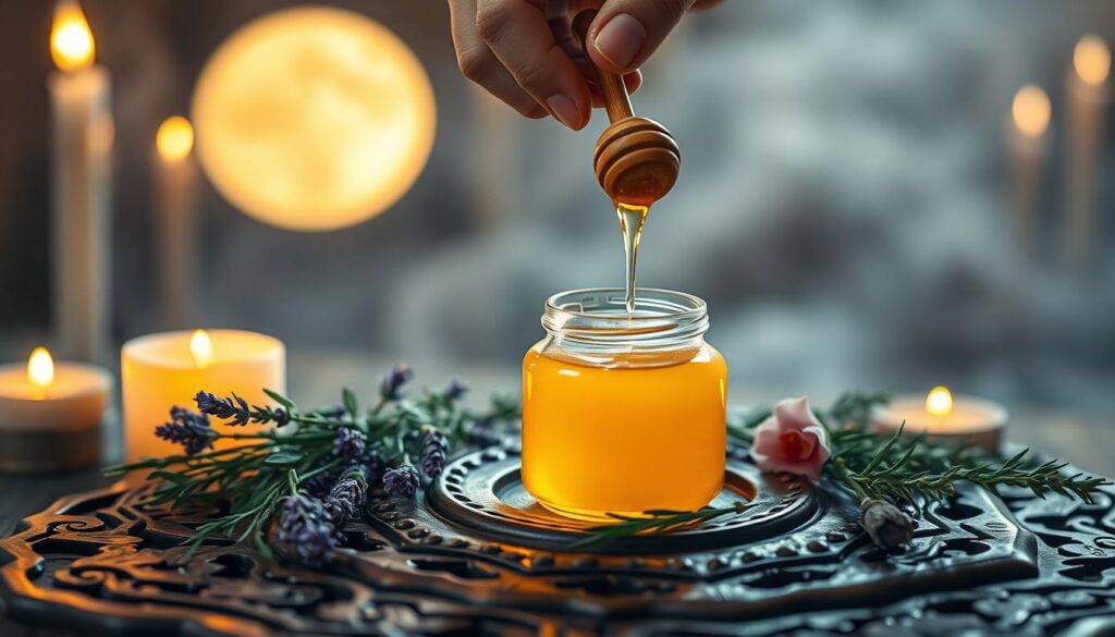 A beautifully arranged honey jar, glowing with golden nectar, sits on an intricately carved wooden altar. Surrounding the jar are delicate herbs like lavender and rosemary, each contributing their enchanting aroma. A softly lit full moon bathes the scene in gentle silver light, casting a mystical glow over everything. In the foreground, a pair of hands—delicate and fair-skinned—gently drizzles honey from a tiny wooden dipper into the jar, symbolizing the sweetness of love and attraction. The background features soft, blurred silhouettes of mystical candles flickering, creating an inviting and warm atmosphere. The overall mood is serene and magical, perfect for evoking feelings of love and connection, captured at a slightly elevated angle to enhance the depth and focus on the honey jar and its enchanting surroundings.
