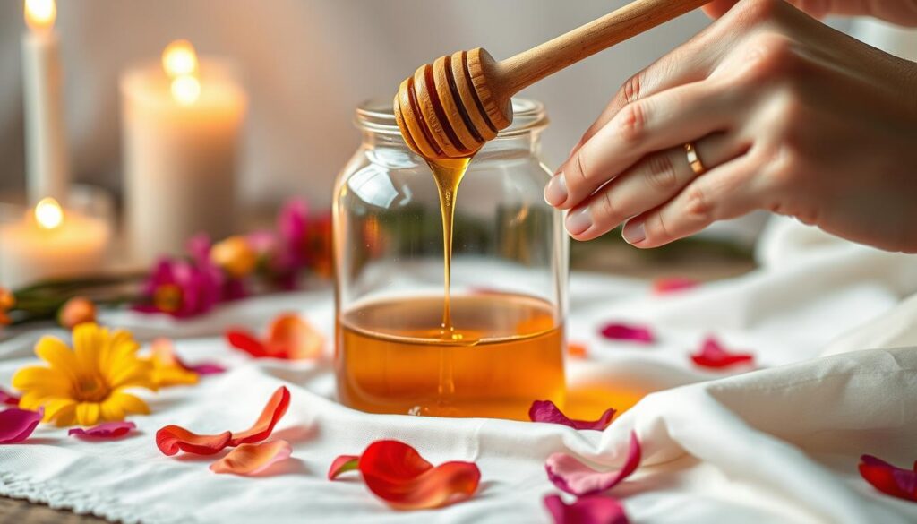 A beautifully arranged honey jar love ritual scene, featuring a close-up of a glass honey jar with golden honey drizzling from a wooden dipper. The jar sits on a soft, white cloth adorned with flower petals in vibrant colors, representing love and harmony. In the background, blurred candlelight flickers softly, casting a warm glow over the entire setting. A pair of delicate hands, adorned with a simple gold ring, gently holds the honey dipper, adding an intimate touch to the scene. The atmosphere is enchanting and romantic, emphasizing the theme of deepening bonds. Soft, natural lighting highlights the honey's golden hue, while a slight over-the-shoulder angle enhances the sense of participation in this sweetening spell.