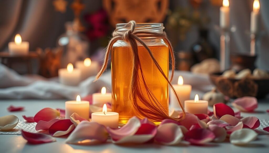 A beautifully arranged honey jar sits gracefully at the center of the image, filled with golden, glistening honey and delicate strands of hair intertwined around the jar's neck, symbolizing a love spell. Surrounding the jar are small white candles, gently flickering, casting a warm, inviting light. The foreground features soft, colorful petals scattered around the honey jar, adding a romantic touch. In the background, a blurred altar adorned with mystical herbs and crystals enhances the magical atmosphere. The lighting is soft and ethereal, creating a dreamy ambiance. The scene is viewed from a slightly elevated angle, capturing the intimate details of the honey jar and hair, emphasizing love and enchantment, set against a softly lit, tranquil environment. A beautifully arranged honey jar sits gracefully at the center of the image, filled with golden, glistening honey and delicate strands of hair intertwined around the jar's neck, symbolizing a love spell. Surrounding the jar are small white candles, gently flickering, casting a warm, inviting light. The foreground features soft, colorful petals scattered around the honey jar, adding a romantic touch. In the background, a blurred altar adorned with mystical herbs and crystals enhances the magical atmosphere. The lighting is soft and ethereal, creating a dreamy ambiance. The scene is viewed from a slightly elevated angle, capturing the intimate details of the honey jar and hair, emphasizing love and enchantment, set against a softly lit, tranquil environment.