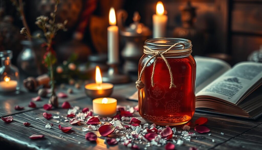 A beautifully arranged honey jar sits on an antique wooden table, its glass surface reflecting soft, warm candlelight. The jar is adorned with delicate, mystical symbols and a golden ribbon tied around its neck. In the foreground, a sprinkle of rose petals and small crystals surrounds the jar, enhancing its magical aura. In the middle ground, a flickering candle emits a warm glow, enhancing the enchanting atmosphere. The background features soft-focus elements of herbs, an open spellbook, and dimly lit, organic materials that indicate a spell-casting space. The overall mood is cozy and mystical, creating an inviting feeling of love and magic, perfect for exploring the theme of love spells. The image is captured with a shallow depth of field to ensure the focus remains on the honey jar.