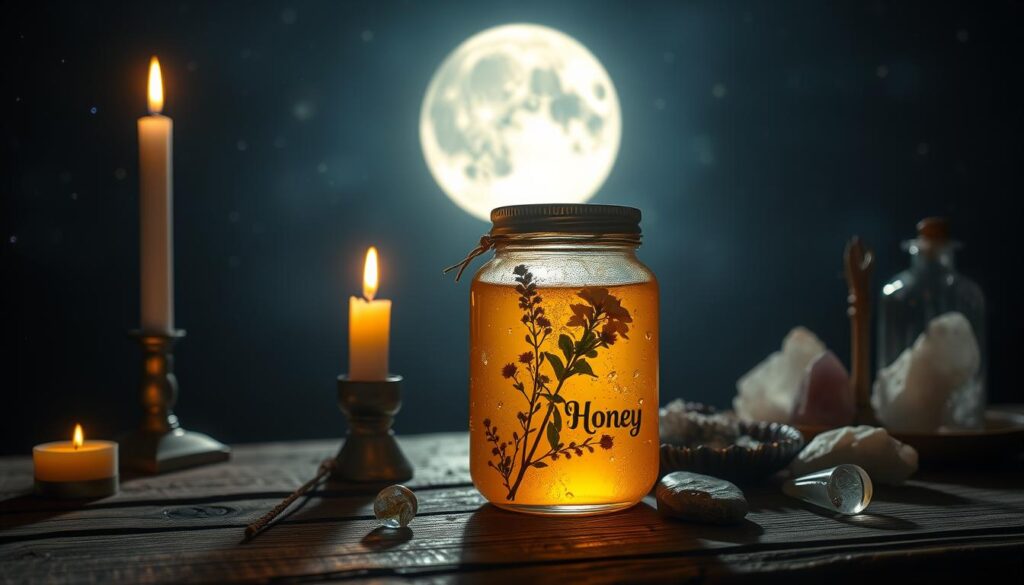 A beautifully arranged honey jar sits prominently in the foreground, glistening under soft, warm candlelight. The jar, adorned with delicate herbs and flowers, radiates a sense of magic and allure. In the middle of the scene, a full moon glow gently illuminates the setting, casting a serene light over a rustic wooden table filled with crystals and love-related symbols. The background features a starry night sky, enhancing the mystical ambiance. Soft shadows play across the scene, creating an inviting atmosphere. The overall mood evokes feelings of love, warmth, and enchantment, making it perfect for attracting positive energy and sweetness in relationships. The composition captures the essence of love spells, inviting viewers into a world of charm and affection.