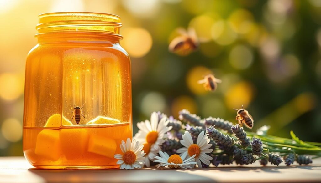 A beautifully arranged honey jar sits prominently in the foreground, its glass reflecting warm amber tones. Inside, golden honey glistens, with tiny clusters of beeswax delicately scattered around. The middle layer features soft, summery flowers like daisies and lavender, symbolizing sweetness and love, arranged around the jar. In the background, a blurred natural setting of a sun-drenched garden creates a serene atmosphere, hinting at bees gently buzzing about, adding to the enchanting vibe. Soft, golden lighting casts a warm glow over the scene, evoking feelings of comfort and connection. The image should be captured with a close-up perspective, using a shallow depth of field to draw attention to the honey jar while creating a dreamy, enchanting mood.