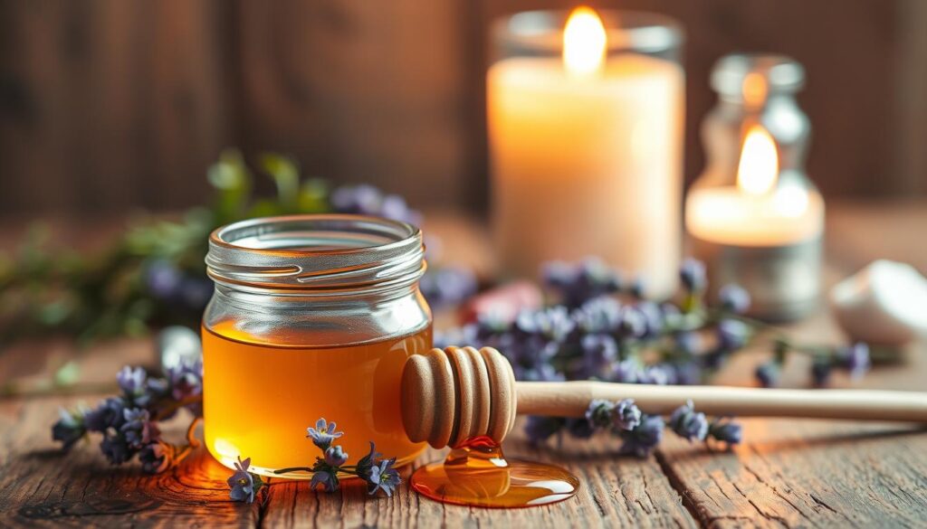 A beautifully arranged honey jar spell on a rustic wooden table. In the foreground, a small glass jar filled with golden honey sits surrounded by delicate lavender flowers and a wooden dipper drizzled with honey, glistening under soft, warm candlelight. The middle layer features a softly glowing candle, its flame flickering gently, casting a cozy ambiance. In the background, blurred out, there are herbs and crystals subtly hinting at magical elements, enhancing the atmosphere. The scene captures a sense of tranquility and intimacy, inviting viewers into the enchanting world of love spells. The lighting is warm and inviting, highlighting the rich colors of the honey and flowers, creating a serene and magical mood.