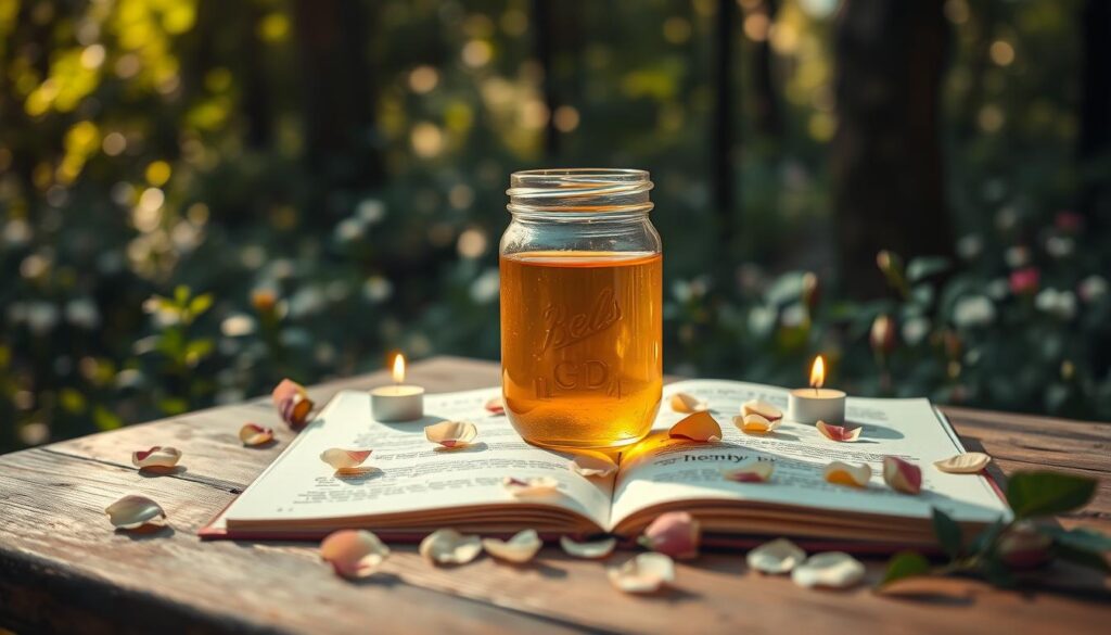A beautifully arranged honey jar spell on a wooden table, set in a softly lit, enchanted forest glade. In the foreground, a clear glass jar filled with golden honey sits atop an open spell book, surrounded by delicate rose petals and tiny candles flickering softly. In the middle background, lush green foliage and small wildflowers create a vibrant yet calming atmosphere, with dappled sunlight filtering through the trees. A gentle breeze stirs the petals around the jar, evoking a sense of magic and sweetness. The overall mood is inviting and warm, suggesting a deep connection and love. The scene is captured with a close-up lens to emphasize the details of the jar and its enchanting contents, bathed in warm, golden light to enhance the spell’s charm.