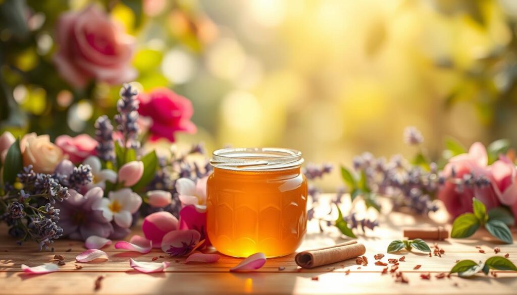 A beautifully arranged honey jar with a golden, glistening surface is set as the focal point in the foreground. The jar is surrounded by delicate, vibrant flowers symbolizing love and harmony, such as roses and lavender, with soft petals gently cascading down. In the middle ground, a softly lit wooden table adds warmth, complemented by a scattering of herbs traditionally used in love spells, like cinnamon and basil. The background features a dreamy, blurred garden scene adorned with gentle sunlight filtering through leaves, creating a serene and inviting atmosphere. The overall mood is romantic and enchanting, evoking feelings of sweetness and connection. The image should be bright and well-lit, shot from a slightly elevated angle to capture both the jar and surrounding elements harmoniously.