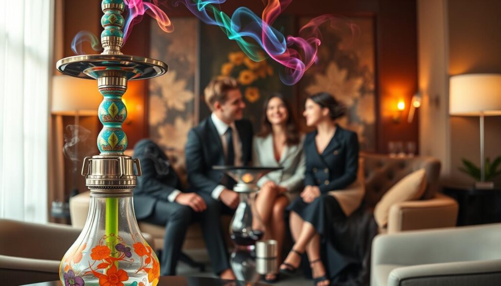 A beautifully arranged hookah with the flavor "Fakher Magic Love" is in the foreground, featuring vibrant colors and intricate designs on the glass base. Wisps of colorful smoke rise gracefully, creating an enchanting atmosphere. In the middle, a group of three aesthetically pleasing Caucasian figures dressed in elegant, modest business attire are gathered around the hookah, sharing laughter and engaging in a lively conversation. The background showcases a cozy lounge with soft, warm lighting and plush seating, enhancing a romantic ambiance. The scene captures a sense of connection and joy, while the smoke's playful curves add a mystical quality to the air. The overall mood is inviting and relaxed, perfect for an intimate gathering.